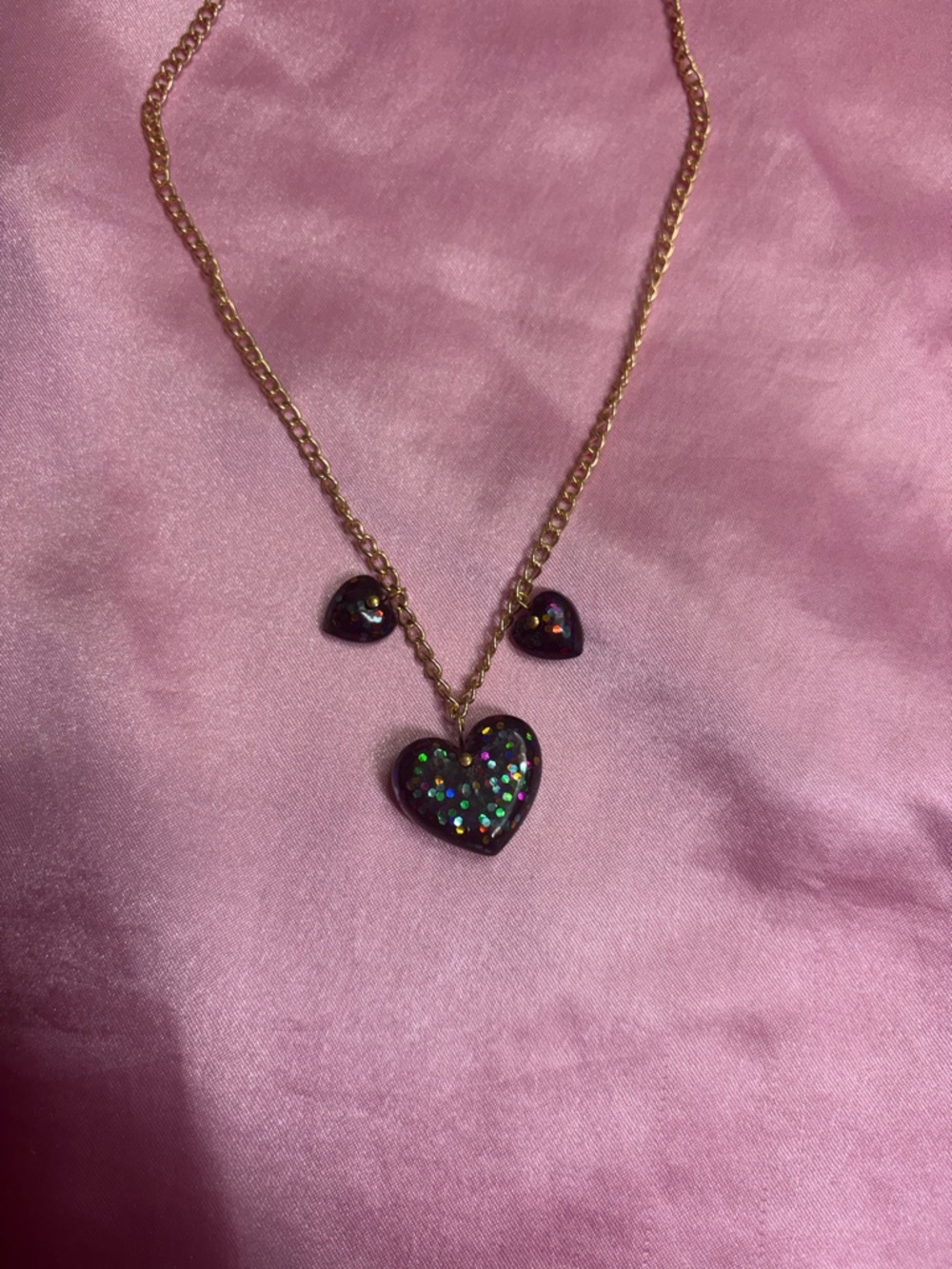 Gold Chain Necklace with Purple Glitter Heart Pendant - Women Jewelry
